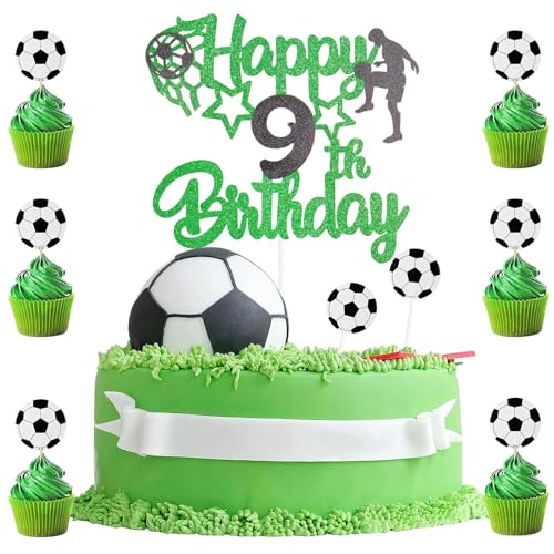 „BIGJIYU“ 9 Stück Fußball-Kuchenaufsatz zum 9. Geburtstag, Fußball-Kuchendekoration zum 9. Geburtstag, 1 doppelseitiger Glitzer-Kuchenaufsatz mit 8 Fußball-Cupcake-Dekorationen für Kinder, Jungen, Sp von BIGJIYU