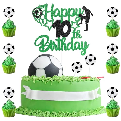 9 x Fußball-Kuchenaufsatz, personalisierbarer Tortenaufsatz, 10. Geburtstag, 1 doppelseitiger Glitzer-Kuchenaufsatz mit 8 Fußball-Cupcake-Dekorationen für Kinder, Jungen, Sport-Party-Zubehör, von BIGJIYU