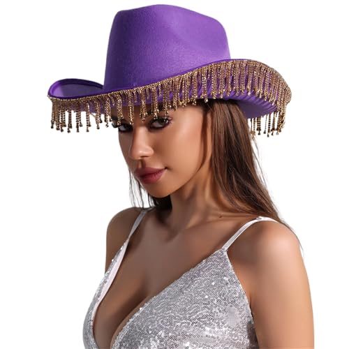 BIGULA Westernhut für Damen, Cosplay, Rollkrempe, Hut, Fransen, Strass, Hut, Junggesellinnenabschied, Kopfbedeckung, Zubehör BIGULA Westernhut für Damen, Cosplay, Rollkrempe, Hut, Fransen, Strass, Hut, Junggesellinnenabschied, Kopfbedeckung, Zubehör von BIGULA