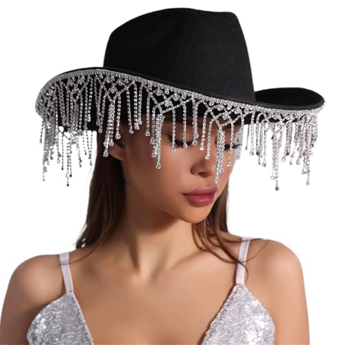 BIGULA Westernhut für Damen, Cosplay, Rollkrempe, Hut, Fransen, Strass, Hut, Junggesellinnenabschied, Kopfbedeckung, Zubehör BIGULA Westernhut für Damen, Cosplay, Rollkrempe, Hut, Fransen, Strass, Hut, Junggesellinnenabschied, Kopfbedeckung, Zubehör von BIGULA