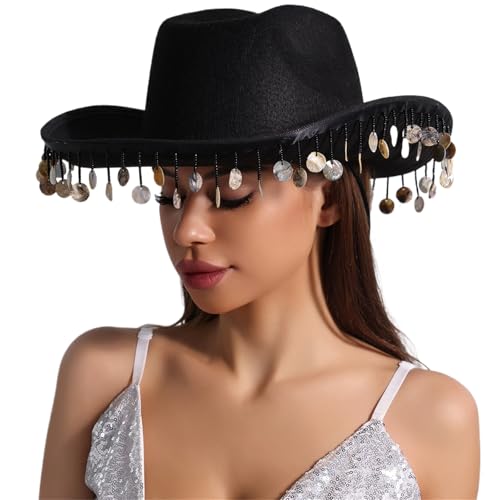 BIGULA Westernhut für Damen, Cosplay, Rollkrempe, Hut, Fransen, Strass, Hut, Junggesellinnenabschied, Kopfbedeckung, Zubehör BIGULA Westernhut für Damen, Cosplay, Rollkrempe, Hut, Fransen, Strass, Hut, Junggesellinnenabschied, Kopfbedeckung, Zubehör von BIGULA
