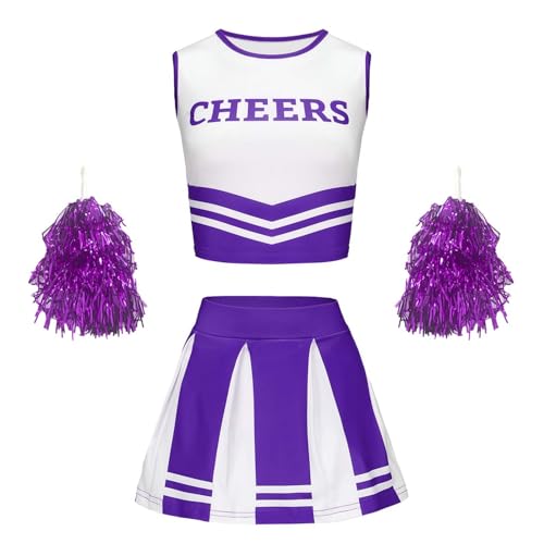 BIKETAFUWY Cheerleader Kostüm Kinder, Cheerleader Mädchen Anzug Ärmellose Weste und Minikleid Piratenkostüm Kinder Accessoires Pailletten Pompoms Karneval Damen Mädchen Football Kostüm von BIKETAFUWY