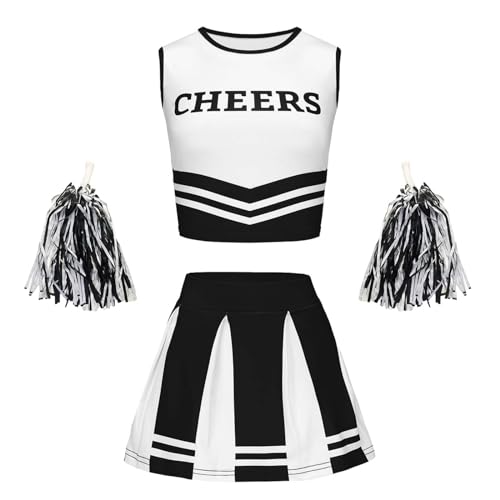 BIKETAFUWY Cheerleader Kostüm Kinder, Cheerleader Mädchen Anzug Ärmellose Weste und Minikleid Piratenkostüm Kinder Accessoires Pailletten Pompoms Karneval Damen Mädchen Football Kostüm von BIKETAFUWY