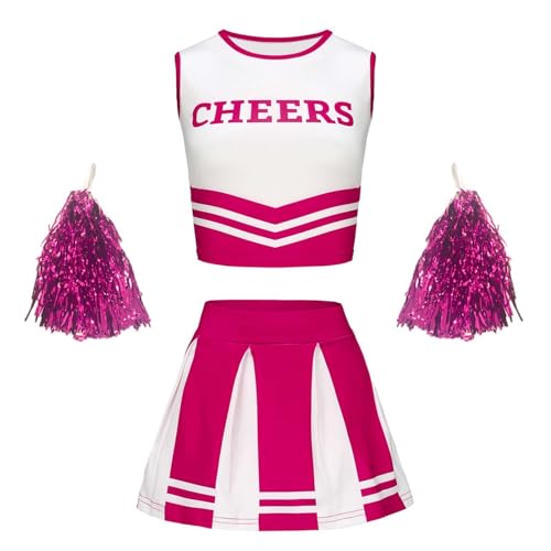 BIKETAFUWY Cheerleader Kostüm Kinder Bauchfrei Kinderkostüm Cheerleader Mädchen Cheer Outfit Bauchfrei Karneval Kostüm Cheerleader Mädchen Anzug mit Ärmellose Weste, Minirock, Pailletten Pompoms von BIKETAFUWY