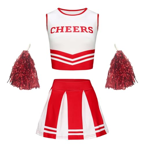 BIKETAFUWY Cheerleader Kostüm Kinder Bauchfrei Kinderkostüm Cheerleader Mädchen Cheer Outfit Bauchfrei Karneval Kostüm Cheerleader Mädchen Anzug mit Ärmellose Weste, Minirock, Pailletten Pompoms von BIKETAFUWY