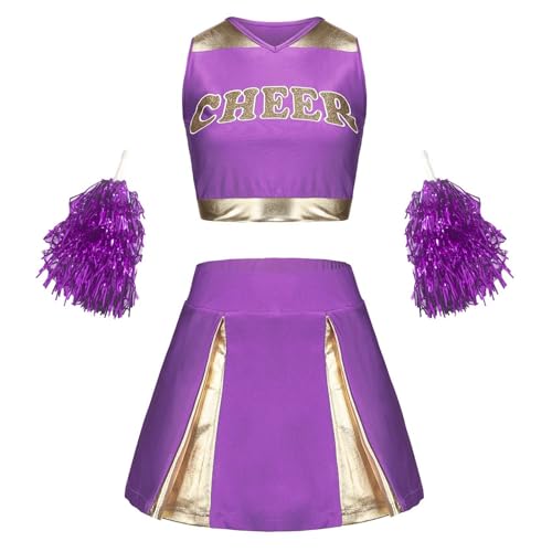 BIKETAFUWY Cheerleader Kostüm Kinder Cheerleader Mädchen Anzug Karneval Kostüm Cheer Uniformen Ärmellose Weste und Minikleid Piratenkostüm Kinder Accessoires Pailletten Pompoms Fasching Mottoparty von BIKETAFUWY