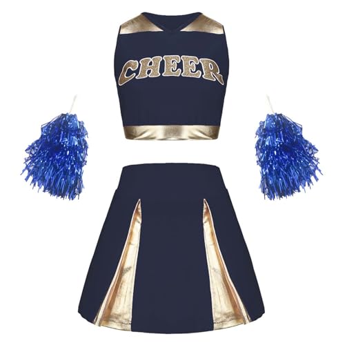 Cheerleader Kostüm Kinder Bauchfrei Kinderkostüm Cheerleader Mädchen Kinder Cheer Outfit Bauchfrei Karneval Kostüm Cheerleading Kleid Cheer Uniformen mit Ärmellose Weste, Minirock, Pailletten Pompoms von BIKETAFUWY