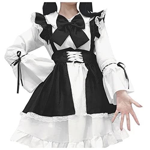 Lolita Kleid Gothic Kawaii 6 Pcs (Lolita Dress+Schürze+Kopfbedeckung+Schleife+Kragen + Weiße Blumen) Long Sleeve Sweet Girl Anime Cosplay Fancy Dress Japanese Lolita Princess Dress Mninkleid von BIKETAFUWY