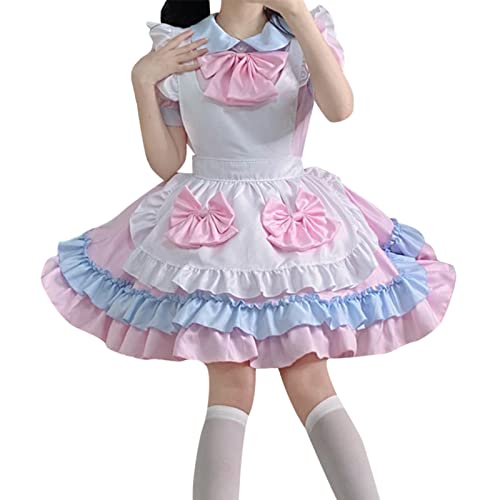 Lolita Kleid Gothic Kawaii Halloween Cosplay Kostüm Katzenmädchen-Kostüm Kurzarm Maid Lolita Kleid Punk Fancy Dress Lolita Princess Dress 6Pcs (Lolita Dress+Schürze+Kopfbedeckung+3Pc Schleife) von BIKETAFUWY