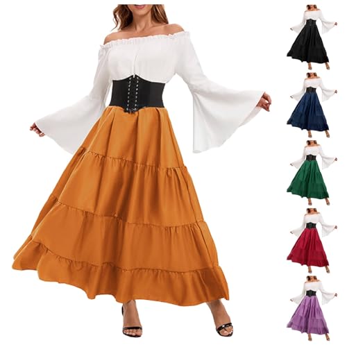Mittelalterliches Kleid für Damen, viktorianisch, Vintage, langes Kleid, schick, elegant, Abendkleid, mittelalterlich, Retro, mit Korsett Gürtel, Wikingerkleider, Halloween, Karneval, Set Rock und Top Mittelalterliches Kleid für Damen, viktorianisch, Vintage, langes Kleid, schick, elegant, Abendkleid, mittelalterlich, Retro, mit Korsett Gürtel, Wikingerkleider, Halloween, Karneval, Set Rock und Top von BIKETAFUWY