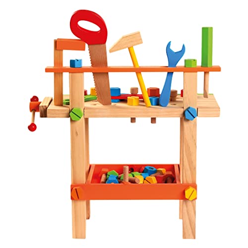 Bino Werkbank mit Werkzeug, Spielzeug für Kinder ab 3 Jahre (Holzspielzeug inklusive Zubehör, fördert Geschicklichkeit & Hand-Augen-Koordination, Kinderspielzeug mit 50 Teilen), Mehrfarbig von Bino world of toys