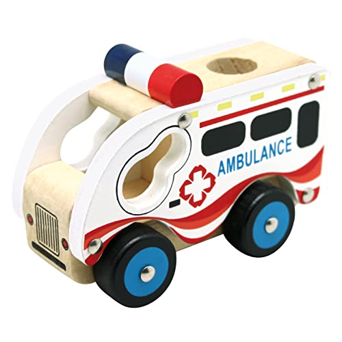 Bino Holzauto Ambulanz Holzspielzeug Krankenwagen Spielzeug für Kinder ab 12 Monate (Kinderspielzeug mit Hart-PVC-Reifen, fördert Hand-/Augen-Koordination, Maße: 17 x 12 x 9 cm), Mehrfarbig von Bino world of toys