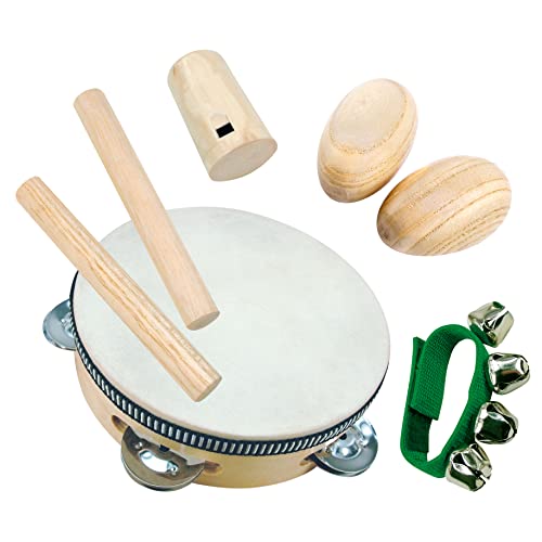 Bino world of toys Mini-Orchester, Spielzeug für Kinder ab 3 Jahren (Kinder Musikinstrument, Mini-Orchester aus Leder und leichtem Holz gefertigt, 8 Teile, Tamburin, Rumbakugel, Handgelenkschelle), Beige von Bino world of toys