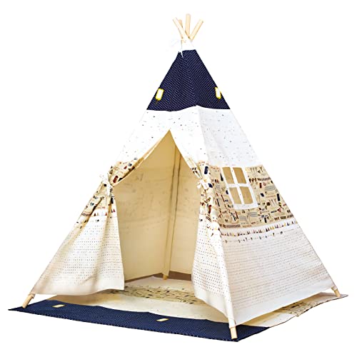 Bino Spielzelt TeePee, Zelt Kinderzimmer (Kinder Tipi Zelt, Spielhaus für Kinder ab 3 Jahre, Drinnen & Draußen geeignet, bedruckt mit Indianer Motiven, Größe 120x120x150 cm), blau-beige von Bino world of toys