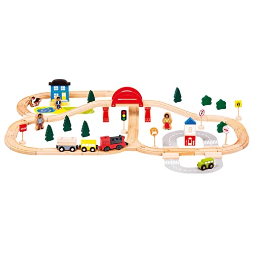Bino & Mertens 1 Holzeisenbahn, Spielzeug für Kinder ab 3 Jahre, Kinderspielzeug (Holzeisenbahn elektronische Lok, inklusive Zubehör, 80 teilig, kompatibel zu allen marktüblichen Systemen), Natur von Bino world of toys