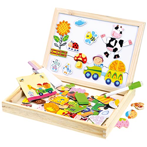Bino & Mertens 88117 Holz-Puzzle-Box, Spielzeug für Kinder ab 3 Jahren (Puzzle mit 102 Teilen, beschriftbare & magnetische Tafel, inkl. Filzstift, Radierer & Kreide, schieferähnliche Rückseite), Mehrfarbig von Bino world of toys