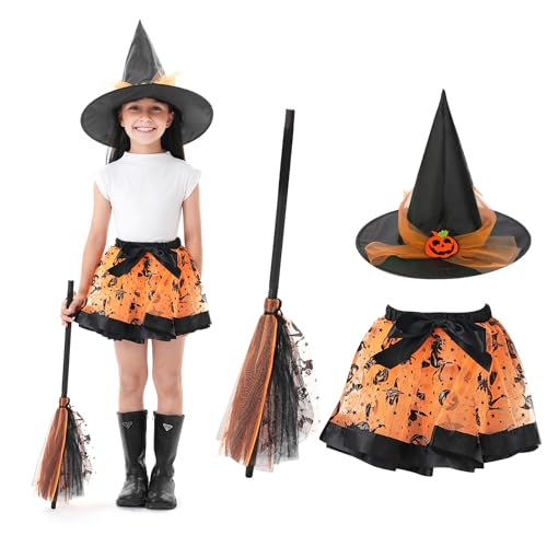 BINXWA Halloween Hexenkostüm für Kinder, 3-Teilig: Orange-Schwarzer Tüllrock, Hexenhut, Hexenbesen - Geeignet für Halloween, Show, Cosplay BINXWA Halloween Hexenkostüm für Kinder, 3-Teilig: Orange-Schwarzer Tüllrock, Hexenhut, Hexenbesen - Geeignet für Halloween, Show, Cosplay von BINXWA