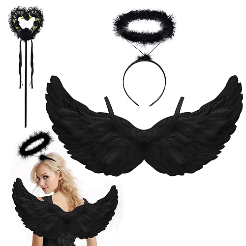 Engelsflügel schwarz, Schwarze flügel Größe 70cm mit heiligenschein und zauberstab schwarzer Engel kostüm Damen,Halloween kostüm Frauen Halloween Party Karneval Cosplay Erwachsenes Kinder Engelsflügel schwarz, Schwarze flügel Größe 70cm mit heiligenschein und zauberstab schwarzer Engel kostüm Damen,Halloween kostüm Frauen Halloween Party Karneval Cosplay Erwachsenes Kinder von BINXWA