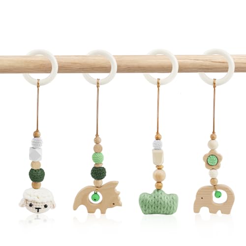 4 Stück Spielbogen Baby Spielzeug ab 0 Monate Spielebogen Babies Toys Spielbögen Baby Gym Anhänger Holz für Mädchen Jungen Babyspielzeug für Babyschale Kinderwagen Autositz Spielzeug (Grün) von BINYI