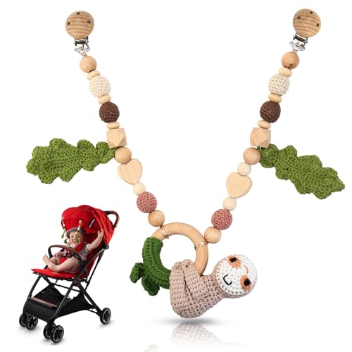 Kinderwagenkette Holz für Mädchen Junge Kinderwagen Spielzeug Mobile Kinderwagen Accessoires Kette für Babys Montessori Neugeborenen Spielzeug Baby Kinderwagenspielzeug für Babyschale (Faultier) von BINYI