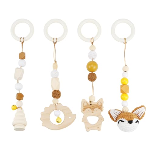 Spielbogen Baby Spielzeug ab 0 Monate 4 Stück Spielebogen Babies Toys Spielbögen Baby Gym Anhänger Holz für Mädchen Jungen Babyspielzeug für Babyschale Kinderwagen Autositz Spielzeug (Braun) von BINYI