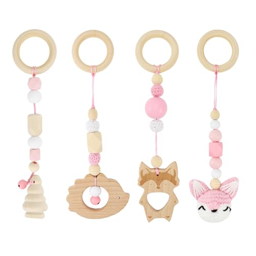 Spielbogen Baby Spielzeug ab 0 Monate 4 Stück Spielebogen Babies Toys Spielbögen Baby Gym Anhänger Holz für Mädchen Jungen Babyspielzeug für Babyschale Kinderwagen Autositz Spielzeug (Rosa) von BINYI