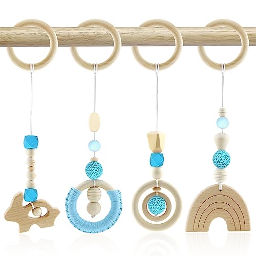 Spielbogen Baby Spielzeug ab 0 Monate Spielbögen Baby Gym Anhänger Holz 4 Stück Spielebogen Babies Toys für Mädchen Jungen Babyspielzeug für Babyschale Kinderwagen Autositz Spielzeug (Blau) von BINYI