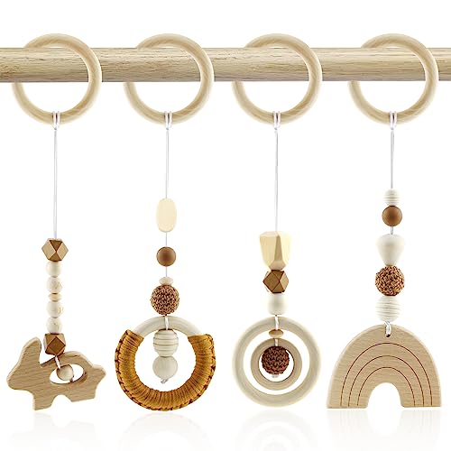 Spielbogen Baby Spielzeug ab 0 Monate Spielbögen Baby Gym Anhänger Holz 4 Stück Spielebogen Babies Toys für Mädchen Jungen Babyspielzeug für Babyschale Kinderwagen Autositz Spielzeug (Braun) von BINYI