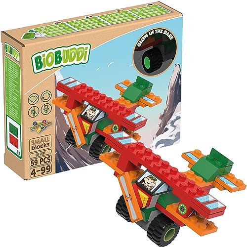BIOBUDDI Creations | Flugzeug Doppeldecker & Solar-Panel, Reifen leuchten im Dunkeln, 60 Teile, 100% kompatibel mit Lego & duplo, klimaneutral hergestellt in EU (Niederlande), 97% Bioplastik, BB-2036 von BIOBUDDI