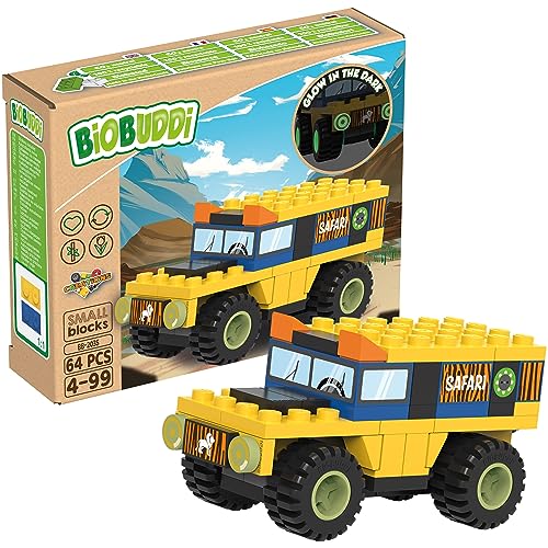 BIOBUDDI Creations | Offroader Jeep Safari Schulbus | leuchtet im Dunkeln, 64 Teile, 100% kompatibel mit Lego & duplo, klimaneutral hergestellt in EU (Niederlande), 97% Bioplastik, BB-2035 von BIOBUDDI