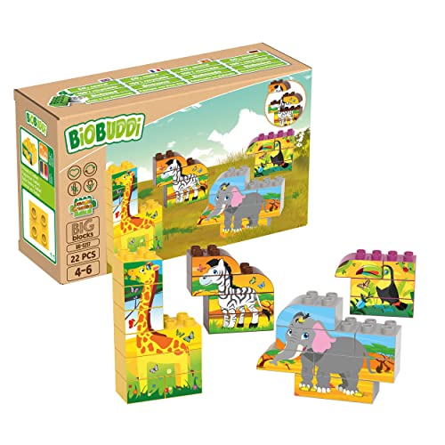 BIOBUDDI Puzzle | 8 Verschiedene Tiere: Giraffe, Elefant, Tukan, Zebra, UVM., 21 Teile, 100% kompatibel mit Lego & duplo, klimaneutral hergestellt in EU (Niederlande), 97% Bioplastik, BB-0257 von BIOBUDDI