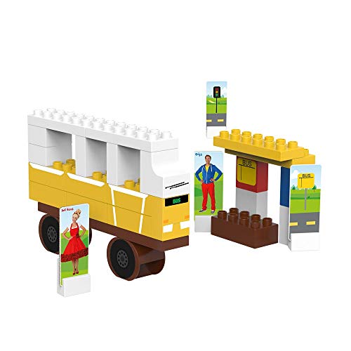 BiOBUDDi BB-0113 - Bausatz Bus, biologische Bausteine zum Stecken, kompatibel zu anderen Marken, hergestellt aus Bio Kunststoff, 31 Klemmbausteine, Spielhintergrund und Pappspielfiguren von BIOBUDDI