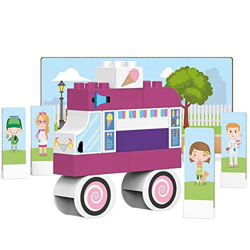 BiOBUDDi BB-0138 - Bausatz Eiswagen, biologische Bausteine zum Stecken, kompatibel zu anderen Marken, hergestellt aus Bio Kunststoff, 27 Klemmbausteine, Spielhintergrund und Pappspielfiguren von BIOBUDDI