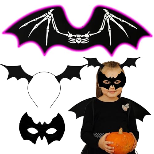 Leuchtet im Dunkeln, Skelett-Fledermausflügel mit Augenmaske, Stirnband, Halloween-Kostüm-Zubehör-Set für Erwachsene, Damen, Herren, Kinder, leuchtend lilafarbene grüne LED, Süßes oder Saures von BIOECEUA