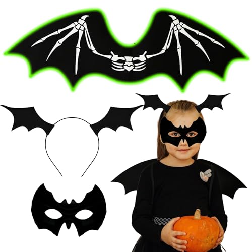 Leuchtet im Dunkeln, Skelett-Fledermausflügel mit Augenmaske, Stirnband, Halloween-Kostüm-Zubehör-Set für Erwachsene, Damen, Herren, Kinder, leuchtend violett-grüne LED, Süßes oder Saures Leuchtet im Dunkeln, Skelett-Fledermausflügel mit Augenmaske, Stirnband, Halloween-Kostüm-Zubehör-Set für Erwachsene, Damen, Herren, Kinder, leuchtend violett-grüne LED, Süßes oder Saures von BIOECEUA