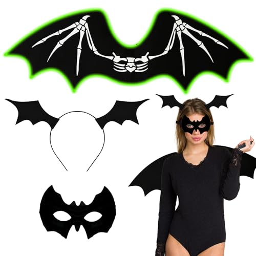 Leuchtet im Dunkeln, Skelett-Fledermausflügel mit Augenmaske, Stirnband, Halloween-Kostüm-Zubehör-Set für Erwachsene, Damen, Herren, Kinder, leuchtend violett-grüne LED, Süßes oder Saures Leuchtet im Dunkeln, Skelett-Fledermausflügel mit Augenmaske, Stirnband, Halloween-Kostüm-Zubehör-Set für Erwachsene, Damen, Herren, Kinder, leuchtend violett-grüne LED, Süßes oder Saures von BIOECEUA