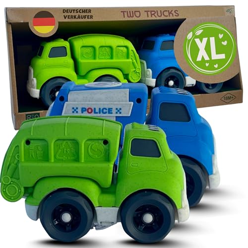 BIOPLAY® 2-er XL Truck Set | Bio Kunststoff | Nachhaltiges Spielzeug ab 1 Jahr für Jungen und Mädchen | Indoor und Outdoor | Polizei | Recyclingfahrzeug von BIOPLAY