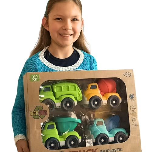 BIOPLAY 4-er XL Truck Geschenk-Set | Bio Kunststoff | Nachhaltiges Spielzeug ab 1 Jahr für Jungen und Mädchen | Kipplaster - Betonmischer von BIOPLAY