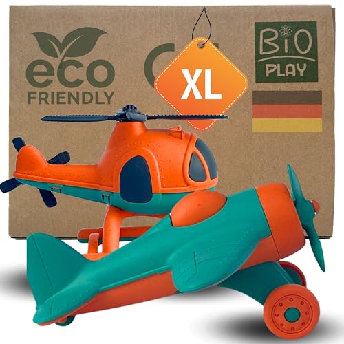 BIOPLAY® Flugzeug und Helikopter 2-er Set | Bio Kunststoff | Flugzeug Spielzeug ab 2 Jahre für Jungen und Mädchen | Indoor und Outdoor | Flieger | Hubschrauber von BIOPLAY