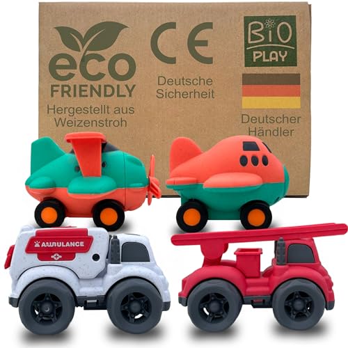 BIOPLAY® Sandspielzeug ab 1 Jahr aus nachhaltigem Bio-Kunststoff | 4er Set Flugzeug & Auto | Sandkasten Spielzeug ab 1 Jahr | Outdoor | Jungen | Mädchen von BIOPLAY