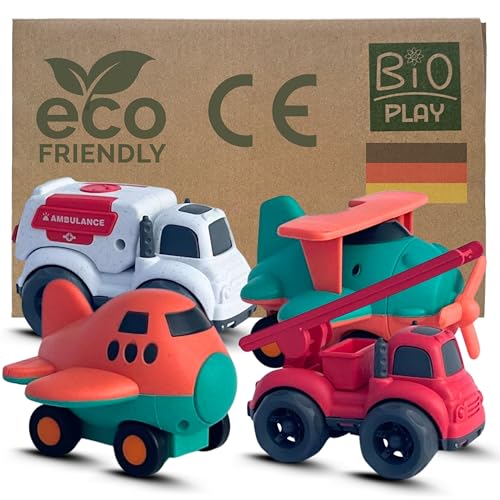 BIOPLAY® Bio Kunststoff Spielzeug [4-er Set] Fahrzeuge und Flugzeug | Indoor und Outdoor | Auto Spielsachen ab 1 Jahr nachhaltig | LKW | Sandspielzeug ab 1 Jahr | Gartenspielzeug von BIOPLAY