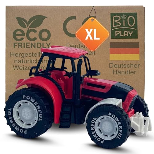 BIOPLAY® Trecker Spielzeug ab 3 Jahre rot aus Bio-Kunststoff | für drinnen und Outdoor | Traktor rot Spielzeug | Sandspielzeug | Bulldog | nachhaltig von BIOPLAY