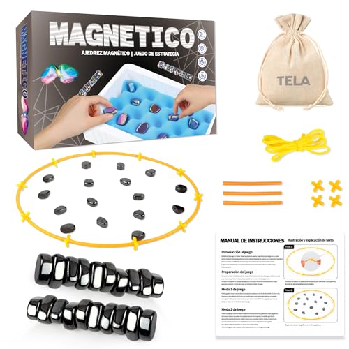 BIORYC ® Schwarzes magnetisches Schachbrettspiel (20 Magnete) + Stoffbeutel + Stäbe + Verbindungen + Schwammtafel | Magnetspiele und Seil | Magnetisch | Geschenke zur Kommunion von BIORYC