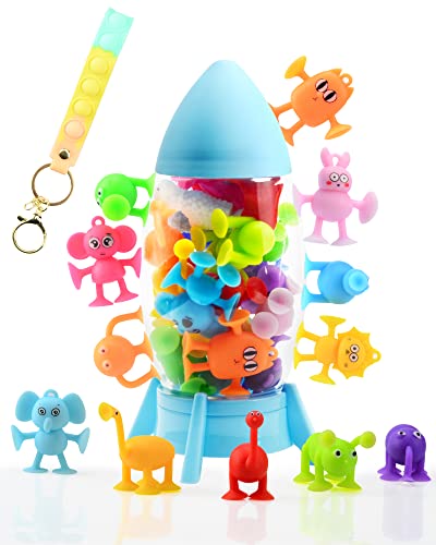 21 Stück Saugnapf Spielzeug Kinder, Badespielzeug ab 3 4 5 6 7 Jahre Jungen Mädchen Montessori Spielzeug Silikon Tier Spielzeug Autismus Sensorik Spielzeug Reise Spielzeug mit Rakete Aufbewahrung von BIQIQI