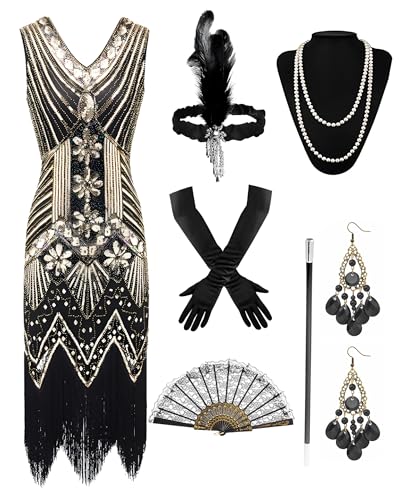 BIQIQI 20er Jahre Kostüm Damen Gatsby Kleid, 1920er Charleston Kleid, Flapper Kleider mit Pailletten und Fransen, Kostüm mit Zubehör der 20er Jahre für Maskerade Karneval von BIQIQI