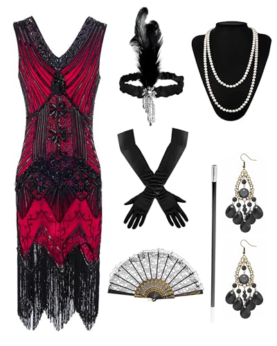 BIQIQI 20er Jahre Kostüm Damen Gatsby Kleid, 1920er Charleston Kleid, Flapper Kleider mit Pailletten und Fransen, Kostüm mit Zubehör der 20er Jahre für Maskerade Karneval von BIQIQI