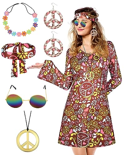 BIQIQI 70er Jahre Hippie Kostüm Set für Damen, mit Accessoires, Damen Disco Outfit, Hippie Anzug Kleidung, 70er 60er Jahre Anzug für Damen, Erwachsene, Karneval, Maskerade, Halloween Kostüm (XL) von BIQIQI