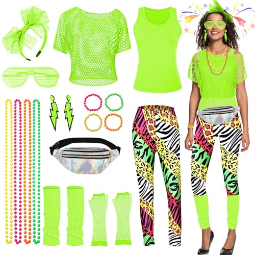 BIQIQI 80er 90er Jahre Outfit Damen Set, 80s 90s Retro Trainingsanzug Kostüm Accessoires, T-Shirt, Netzshirt, Gürteltasche, Ohrring, Halskette, Netzhandschuhe, Leggings, Beinwärmer BIQIQI 80er 90er Jahre Outfit Damen Set, 80s 90s Retro Trainingsanzug Kostüm Accessoires, T-Shirt, Netzshirt, Gürteltasche, Ohrring, Halskette, Netzhandschuhe, Leggings, Beinwärmer von BIQIQI