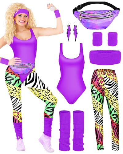 BIQIQI 80er Jahre Outfit Damen Set Retro Trainingsanzug Kostüm 80s 92s Kleidung Kostüm Accessoires Clothes Trikot, Leggings, Stirnband, Armbänder, Beinwärmer, Ohrringe, Gürteltasche von BIQIQI