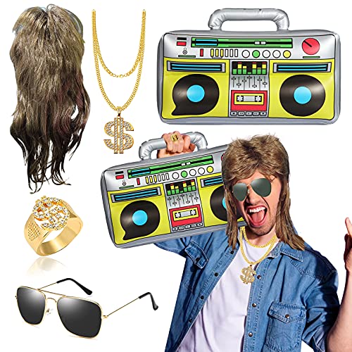BIQIQI Fasching Karneval Kostüm 5 in 1 Vokuhila Set mit Vokuhila Perücke Aufblasbare Radio Boombox Sonnenbrille Goldkette Ring Gold Dollar 80er 90er Party Accessoires Rapper Zubehör Hip Hop Kostüm von BIQIQI